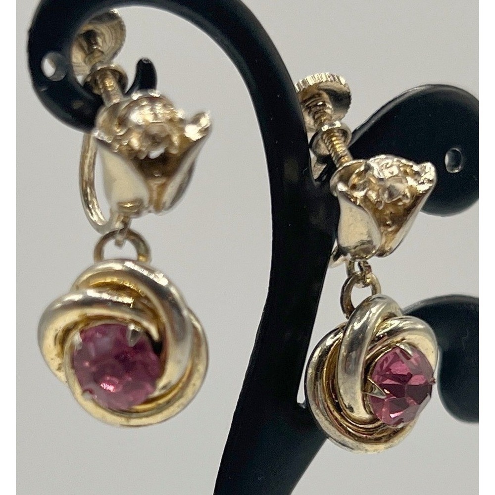 Vintage Gold Tone Pink Stone Dangleโ Screw Back Earrings Floral Accent